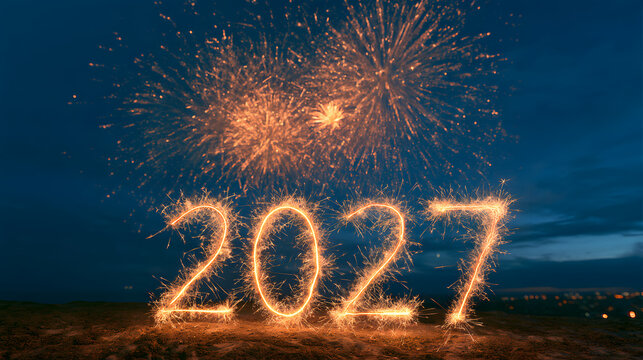 happy new year, new year's eve, silvester, new years eve, sparklers celebration greeting card, new year card - Year 2027 in sparkler font and firework fireworks pyrotechnic, blu
