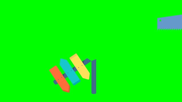 Entrepreneur chooses the path. Businessman is thinking near the direction indicator. Man cuts direction sign, a pointer with a saw. Concept of confusion, no landmarks. 2d flat animation. Alpha channel