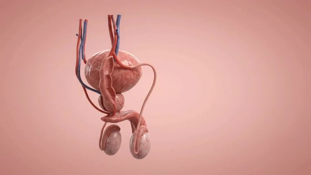 3D medical illustration of the male reproductive and urinary system showing the bladder, prostate, and testicles.