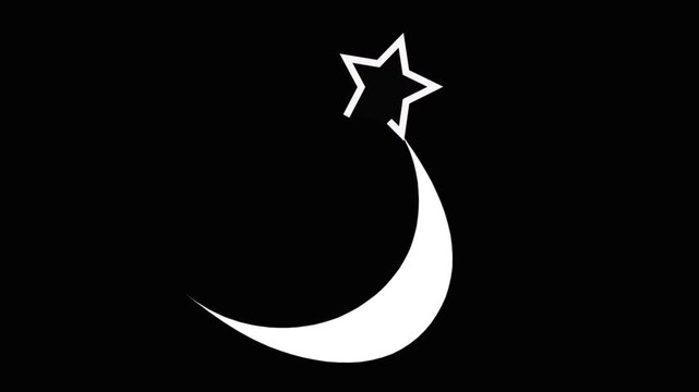A simple white crescent moon shape with an abstract geometric symbol above it centered against a deep black backdrop