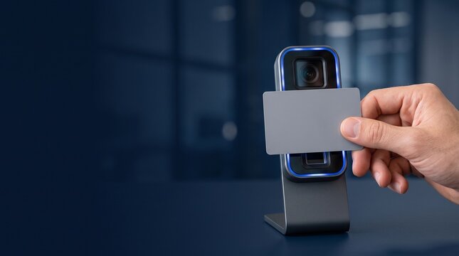 Close up of a hand holding a secure identification card for digital verification at a biometric security terminal in a modern office building.