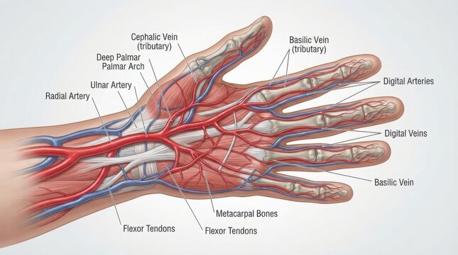 Medical illustration of human hand anatomy and blood vessels illustration