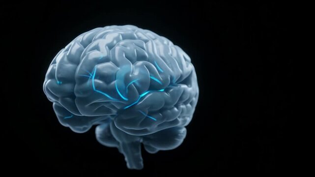 3D animation of a human brain with blue glowing neural pathways on a black background.