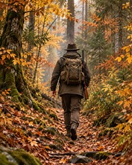 Fototapeta premium Hunter with backpack and rifle walking along a forest trail surrounded by autumn foliage, capturing wilderness exploration, hunting season, outdoor adventure, trekking and nature travel.