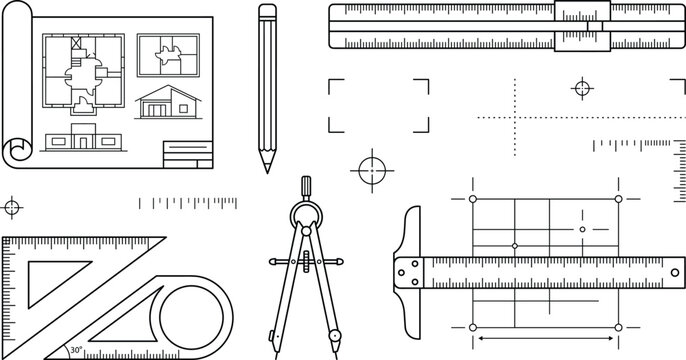 Architectural drafting and engineering vector line art set featuring blueprint house plan rulers compass pencil technical tools