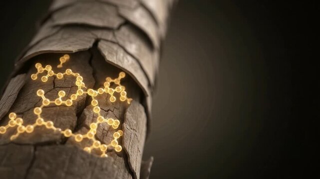 Macro view of a damaged human hair strand with cracked and lifting cuticle scales on a dark background.