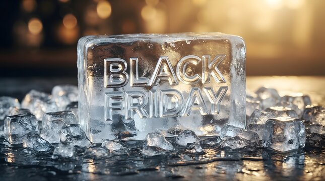 Black friday text embossed inside a large block of melting ice with ice cubes