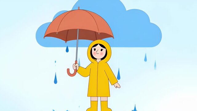 Cute cartoon child in yellow raincoat holding orange umbrella, standing under a blue rainy cloud with falling raindrops. Animated, whimsical, and cheerful weather illustration.