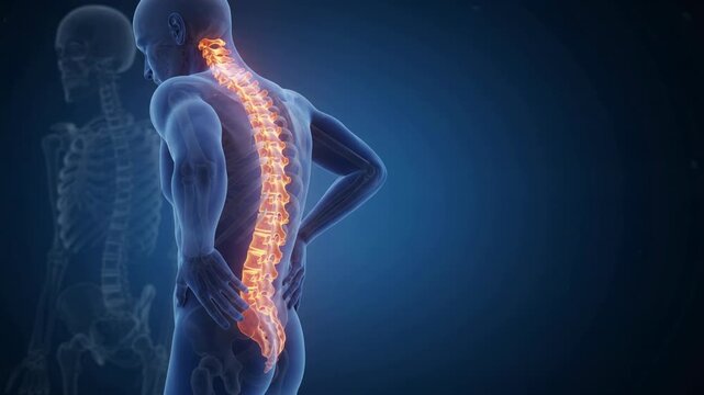3D medical illustration of a human male with lower back and sacrum pain highlighted in a red flame effect.