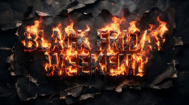 Black friday weekend text with intense fire flames effect on a dark, textured, burnt paper background, high contrast cinematic style