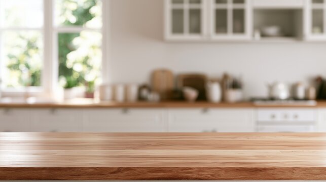 Empty wooden table counter top with blurred kitchen background, mockup for product display