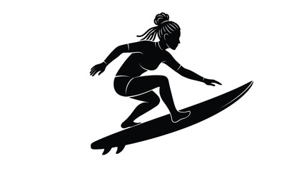Fototapeta premium Surfer girl silhouette vector illustration riding surfboard with long hair and athletic body shape