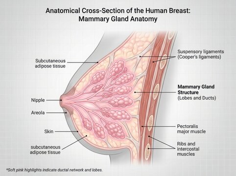 Anatomical cross section diagram of human breast anatomy illustration