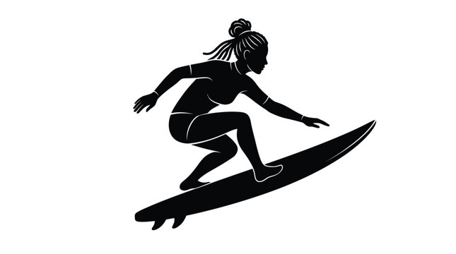 Surfer girl silhouette vector illustration riding surfboard with long hair and athletic body shape