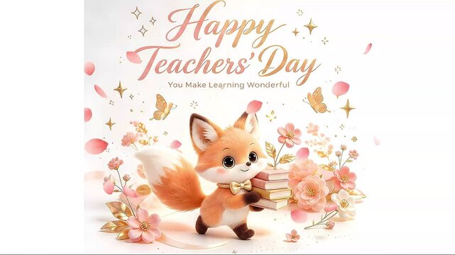 Fox holding books celebrates Teachers' Day with floral decorations