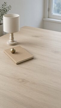Light wood desk tabletop with notebook lamp and copy space