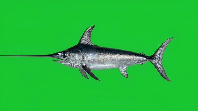 Swordfish Swimming and Turning on Green Screen