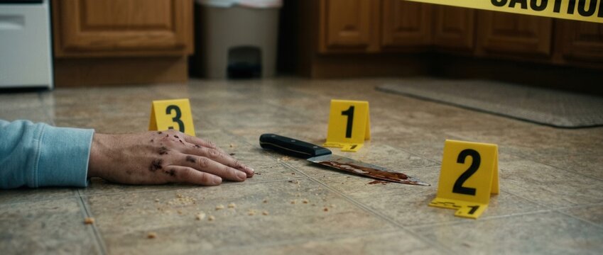 Crime scene investigation bloody knife evidence markers and injured hand on kitchen floor police evidence forensic science