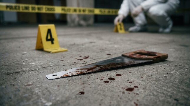 Crime Scene Investigation Bloody Saw and Evidence Markers on Concrete Floor