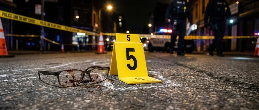 Crime Scene Investigation Bloodied Eyeglasses and Evidence Marker on Street at Night with Police Presence