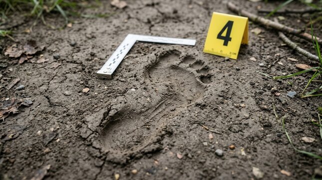 Crime Scene Footprint Investigation Muddy Footprint with Evidence Marker and Ruler in Outdoor Setting