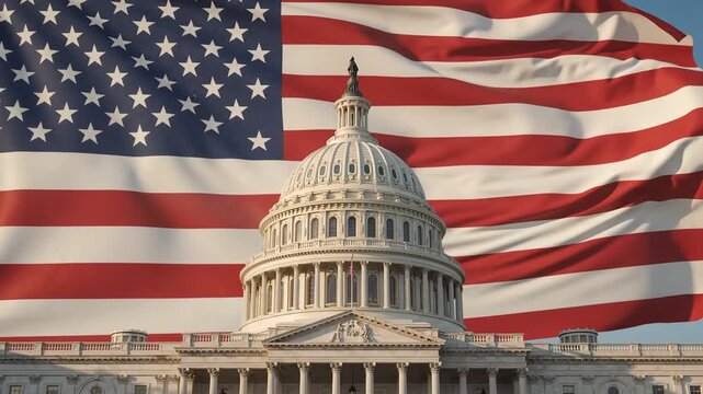 US capitol building with a American flag in the background