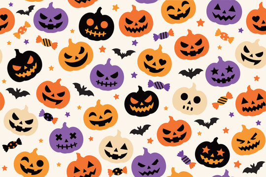Colorful Halloween Pumpkin Seamless Pattern with Bats and Candies