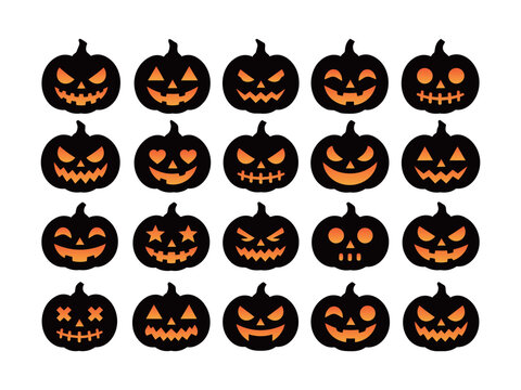 Halloween Jack O Lantern Pumpkin Faces Vector Icon Collection