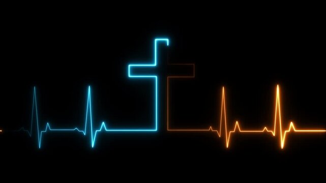 Glowing yello and sky heartbeat ekg line animation on black background, for medical and, emergency concepts pulse