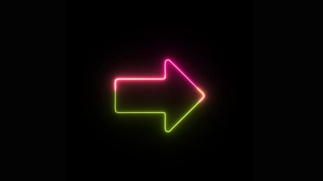 A stylish neon outline of an arrow pointing right with multicolored pink and yellow glowing borders