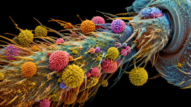 Colorized electron microscope image of cancer cells attacking nerve fiber, with vibrant multicolored spherical cells and fibrous extensions on dark background
