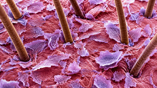 Colorized electron microscope image of scalp skin flaking, showing red and lavender tones, macro texture of skin cell surface detail