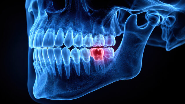 Glowing blue jaw X ray with highlighted red cavity spot on molar tooth, dental health concept on dark background, medical illustration of human skull