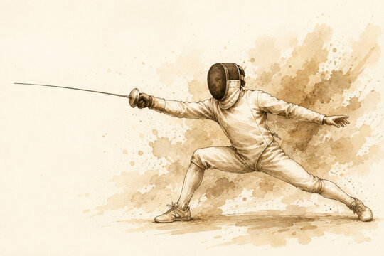 Fencer lunging forward with foil sword, hand drawn sepia ink sketch, watercolor splash background, martial art sport concept