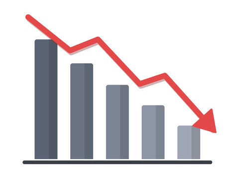 Declining bar chart with falling red arrow