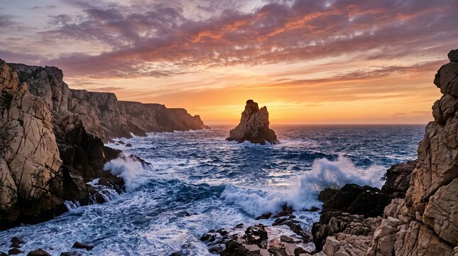 Sunset over rocky ocean coast with crashing waves and sea stack