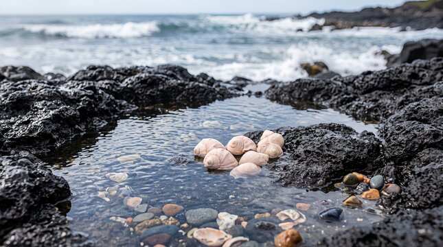 Seashells floating in volcanic rock tide pool on ocean coast