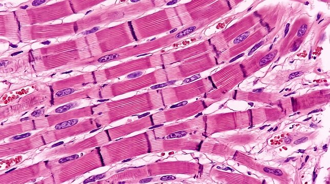 Skeletal muscle tissue under microscope with striations and nuclei