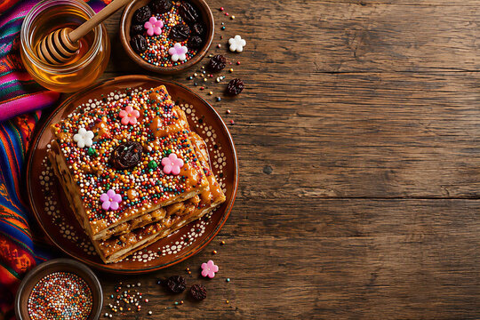 Peruvian Traditional Do&ntilde;a Pepa Turr&oacute;n with Honey Jar on Rustic Wooden Table