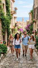 Fototapeta premium Group of tourists walking down cobblestone street with pink flowers holding map at Amalfi coast with sea view.
