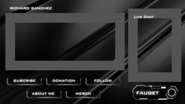 Dark Futuristic Stream Overlay Template With Webcam Frame, Live Chat Panel and Stream Buttons For Gaming