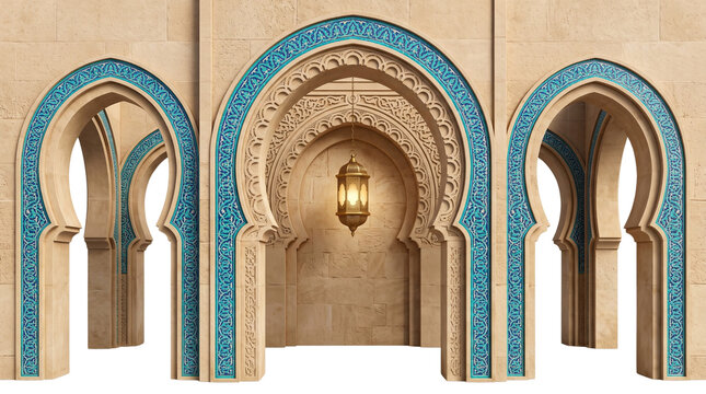 Islamic archway with blue mosaic tile, traditional arabic architecture with hanging lantern, ramadan background design isolated PNG with Transparent Background