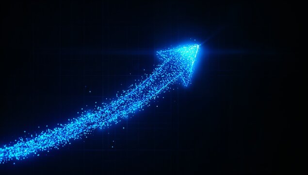 Bright digital blue arrow with sparkling particles pointing upwards on dark background