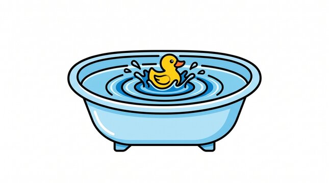Yellow rubber duck splashing in blue baby bathtub with water ripples, flat vector illustration on white background, bath time and infant hygiene concept