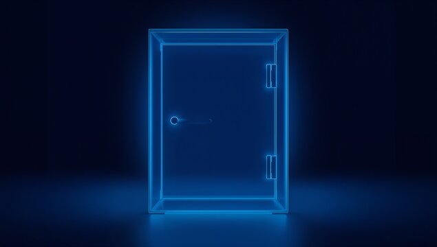 Futuristic neon-lit door with glowing frame and minimalistic design in dark setting