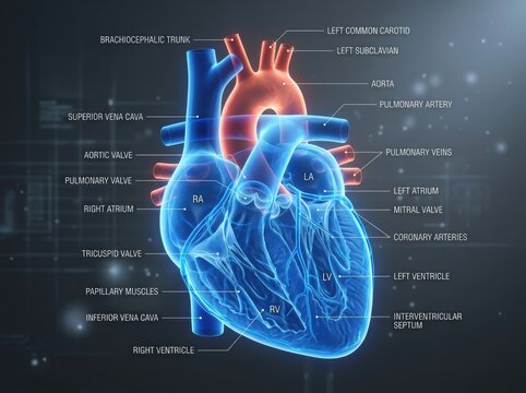 Anatomy of human heart with labels on dark background illustration