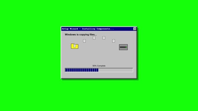 Retro software setup screens loading on green screen background