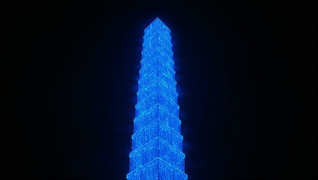 Illuminated Modern High-Rise Building at Night with Bright Blue Lights