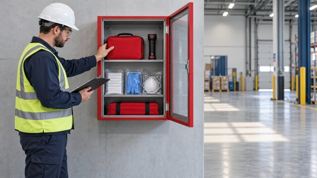 Employee Inspecting a Workplace Emergency Safety Station