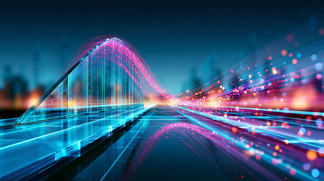 A futuristic digital bridge with vibrant neon lights and glowing data streams, symbolizing advanced technology and connectivity.